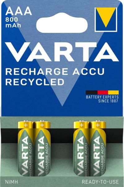 Varta Recharge Accu Recycled AAA 800 mAh, wiederaufladbarer 1,2 V micro NiMH Akku, 4er Blister, 11 % Recycelte Materialien, vorgeladen HR03 Ministilo 56813