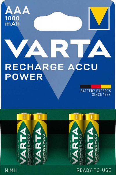 Varta Rechargeable Accu Power Ready2Use vorgeladener AAA Micro Ni-Mh Akku (4er Blister, 1000 mAh) 5703/BL4