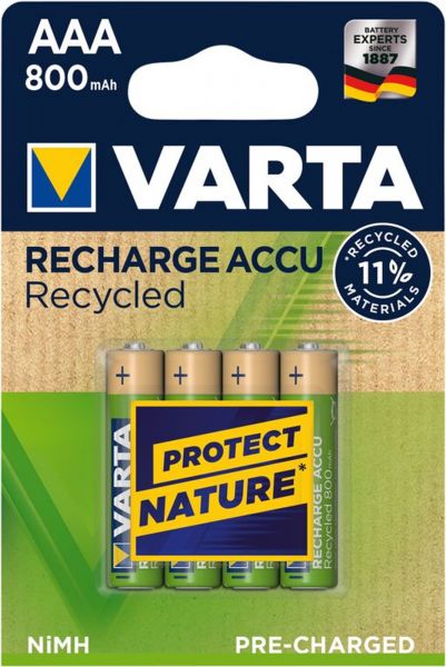 Varta 10x Recharge Accu Recycled AAA 800 mAh, wiederaufladbarer 1,2 V micro NiMH Akku, 4er Blister, 11 % Recycelte Materialien, vorgeladen HR03 Ministilo 56813