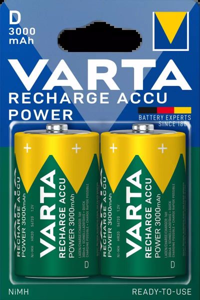 Varta Recharge Accu Power D 2er Blister Mono 3000 mAh 1,2 V NiMH wiederaufladbarer Akku HR20 Torcia 56720