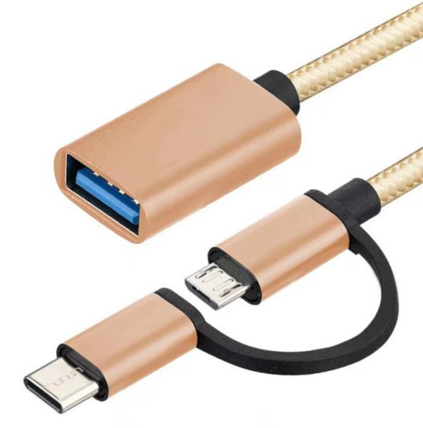 EWANTO USB-A 3.0 (w) zu micro USB (m) mit USB-C (m) Multi Adapter 160 mm geflochten OTG Adapterkabel Gold UAMG-01